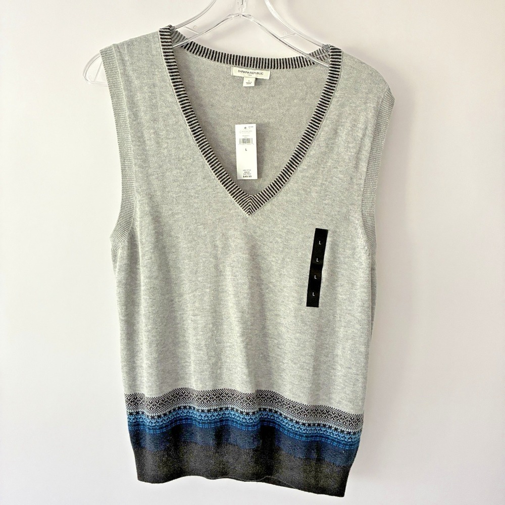 Banana Republic Sweater Vest Women Large Heather Gray Fair Isle Cotton Wool Golf